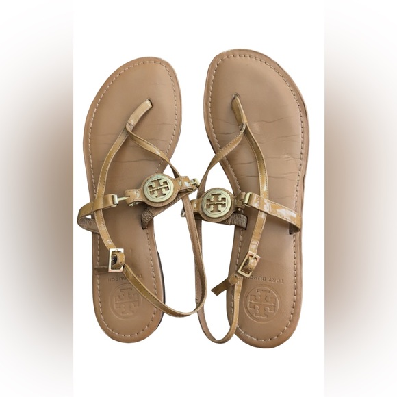 Tory Burch Shoes - Tory Burch Beige Leather & Gold Hardware Sandals Size 10
